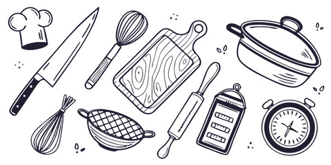 A seamless vector pattern illustrating a set of doodle kitchen tools with fork, plate, knife, and spoon icons perfect for restaurant or school design
