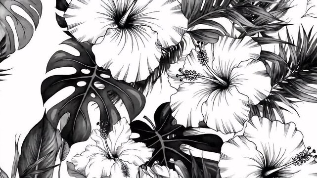 Monochrome Floral Pattern With Tropical White Hibiscus Flowers and Dark Exotic Leaves