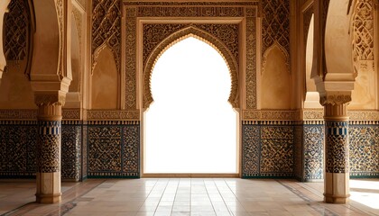 Ornate archway in a sun-drenched interior. A grand, detailed, Moorish-style archway, highlighted by intricate patterns, leads to a blank, white space. Columns and tiled walls frame the space