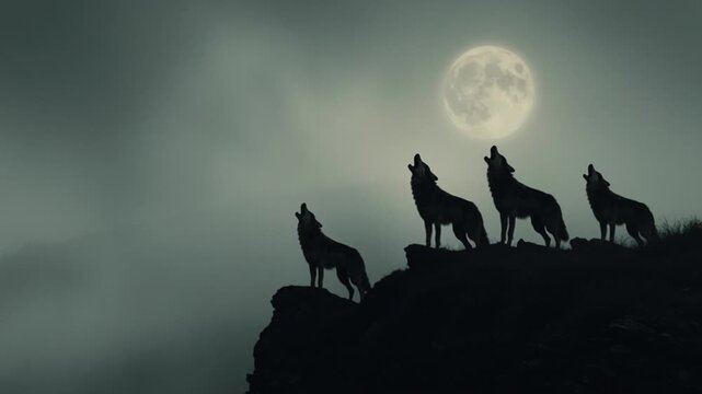 Pack of wolves silhouetted against a moon at the edge of a canyon, their mouths open in a howl, echoing through the rocks, shadows, windswept scene, eerie silence IN A vampire western by christopher