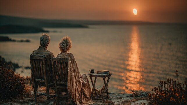 Back view of two people watching sunset over the ocean, sitting on chairs next to small table