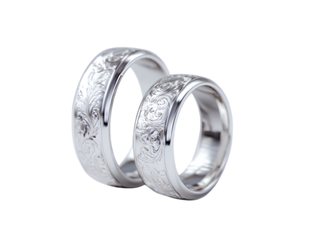 Interlocked Silver Wedding Rings with Engraved Details, Close-Up Front View, Isolated on Transparent Background