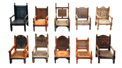 Handcrafted Wooden Chairs: A flat lay of handcrafted wooden chairs with intricate designs, isolated on a Transparent background, PNG file.