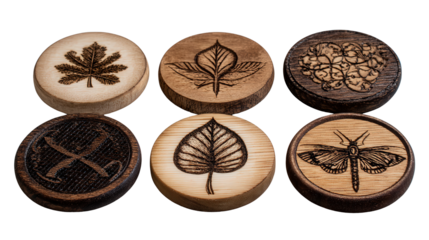 Handcrafted Wooden Coasters: A flat lay of handcrafted wooden coasters with engraved designs, isolated on a Transparent background, PNG file.