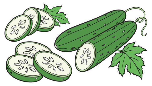 green cucumbers and slices on white background clip art preview