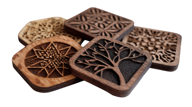 Handcrafted Wooden Coasters: A flat lay of handcrafted wooden coasters with intricate designs, isolated on a Transparent background, PNG file.