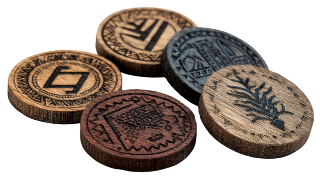 Handcrafted Wooden Coasters: A flat lay of handcrafted wooden coasters with engraved designs, isolated on a Transparent background, PNG file.