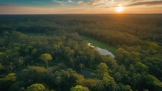 Aerial view of dense green rainforest jungle at sunset with bright orange sun, peaceful landscape and lush vegetation.