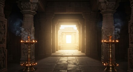 Ancient Indian Temple Interior with Stone Carvings and Flickering Oil Lamps – Mystical Smoke, Glowing Light Rays Through Doorway, Peaceful Sacred Ambience, Spiritual Architectural Inspiration

