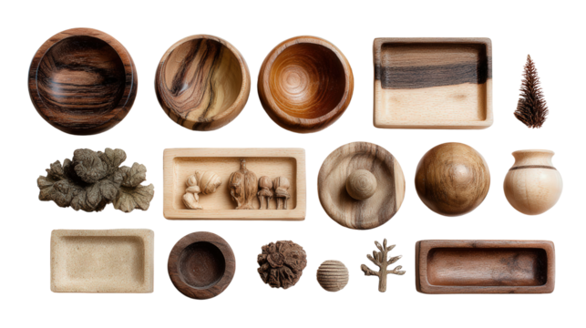 Handcrafted Wooden Crafts: A flat lay of handcrafted wooden crafts like bowls, trays, and small figurines, isolated on a Transparent background, PNG file. - Powered by Adobe