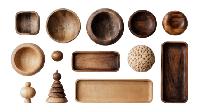 Handcrafted Wooden Crafts: A flat lay of handcrafted wooden crafts like bowls, trays, and small figurines, isolated on a Transparent background, PNG file.