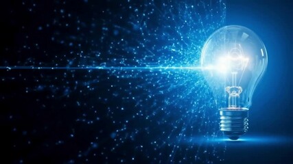 Illuminated lightbulb with blue digital network particles on dark background hd , 4k , mp4 video - Powered by Adobe