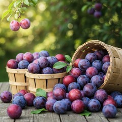 Fototapeta premium Ripe Plums in Wooden Baskets on Rustic Table