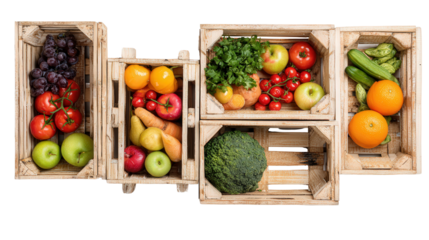 Handcrafted Wooden Crates: A flat lay of handcrafted wooden crates with fresh produce like fruits and vegetables, isolated on a Transparent background, PNG file.