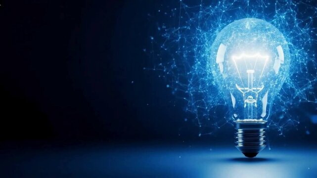 Illuminated lightbulb surrounded by blue digital network on dark background hd , 4k , mp4 video