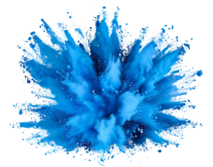 Scattered Cyan Blue Holi Powder Trail with Shadowed Dust Particles, Diagonal Layout, Isolated on Transparent Background