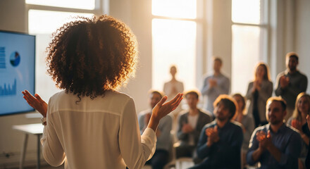 Inspiring Speaker Presents to Applauding Audience in Workshop