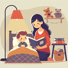 Mother Reads a Book to Child in Bed at Night in Cozy Bedroom Scene