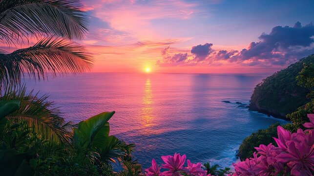 Dreamy sunset horizon with pastel clouds and tropical foliage in an exotic paradise - Powered by Adobe