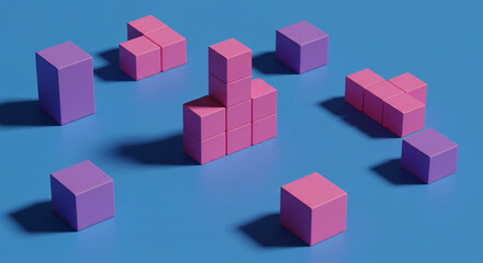 Geometric arrangement featuring pink and purple cubes, creating a playful and modern design with a minimalist aesthetic on a blue surface.