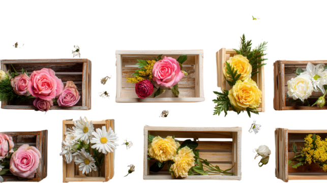 Handcrafted Wooden Crates with Flowers: A flat lay of handcrafted wooden crates filled with fresh flowers like roses and daisies, isolated on a Transparent background, PNG file.