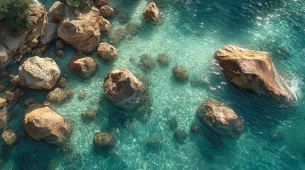 Aerial View of Rocks in Turquoise Water