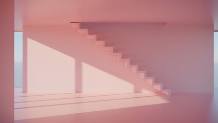 Minimalist Pink Room with Staircase and Sunlight Creating Shadows a Serene and Dreamlike Space