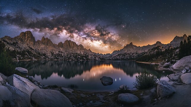 Milky Way Reflections on Mountain Lake Night Sky Landscape with Granite Peaks and Stars - Powered by Adobe