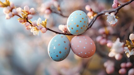 Easter eggs hanging on springtime tree branch | stock photo, pastel decor, seasonal holiday, festive