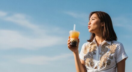 An Asian woman enjoys a refreshing bubble tea under a clear blue sky.