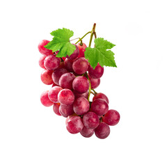 Bunch of red grapes with leaves isolated on white background.