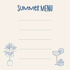 Summer menu template with hand-drawn illustrations for creative event planning