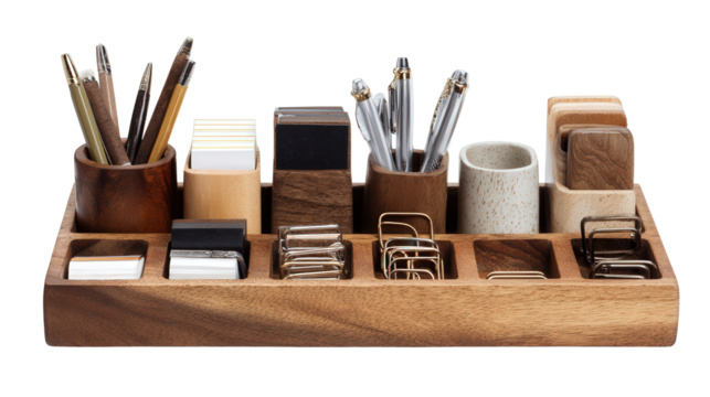 Handcrafted Wooden Desk Organizer: A flat lay of a handcrafted wooden desk organizer with compartments for pens, notepads, and clips, isolated on a Transparent background, PNG file.