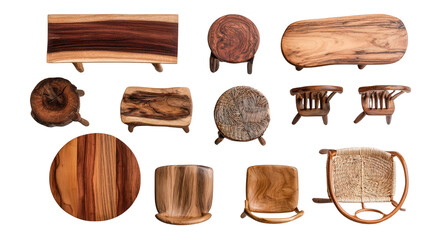 Handcrafted Wooden Furniture: A flat lay of handcrafted wooden furniture pieces like tables and chairs, isolated on a Transparent background, PNG file.