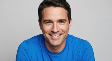 Fototapeta premium A Handsome Man Wearing a Blue T-Shirt Smiling Happily at the Camera