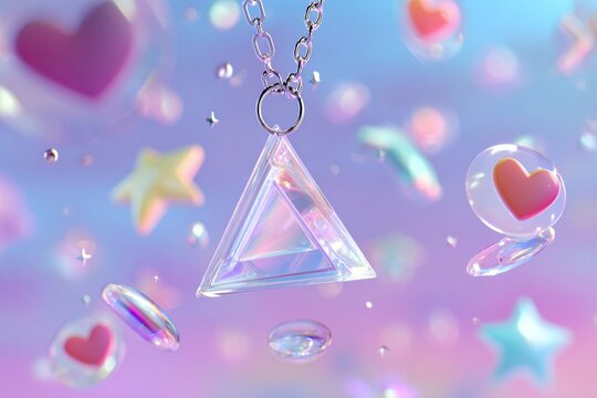 Holographic Iridescent Glass Triangle Pendant on Chain with Ethereal Bokeh Background