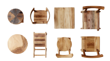 Handcrafted Wooden Furniture: A flat lay of handcrafted wooden furniture pieces like tables and chairs, isolated on a Transparent background, PNG file.