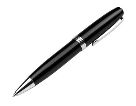 Realistic Pen Tool Icon with Metallic Nib and Textured Handle, Angled Perspective, Isolated on Transparent Background.