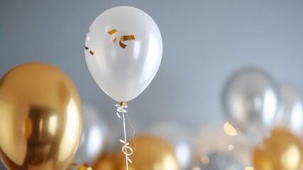 Elegant white and gold balloons with confetti and bokeh for party celebration. - Powered by Adobe