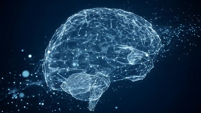 "Silhueta de um c&eacute;rebro digital formada por rede de n&oacute;s e linhas interconectadas, conceito de intelig&ecirc;ncia artificial, tecnologia futurista, visualiza&ccedil;&atilde;o de rede neural, fundo escuro com luzes brilhan