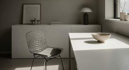 Stylish minimal workspace with wire chair, white desk, neutral tones, and sculptural decor.