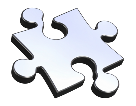  Realistic Puzzle Piece with 3D Depth, Glossy Surface, and Shadow Effects, Angled View, Isolated on Transparent Background.