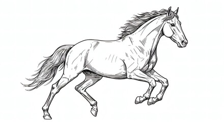 Elegant Galloping Horse Side View in Dynamic Motion – Black Ink Line Art on White Background, Detailed Mane and Muscular Form, Vintage Engraving Style for Tattoos, Posters, or Equestrian Designs
