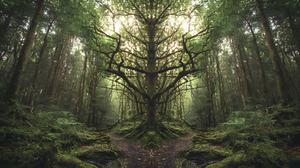 Naklejka premium Fantasy forest scene with surreal symmetrical branches and glowing canopy Ancient sacred tree at the heart of dense green woods cinematic lighting Magical nature symmetry in mysterious forest mossy 