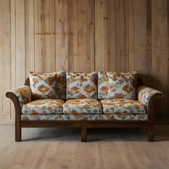 Comfortable modern sofa placed on a wooden floor in a stylish living room interior