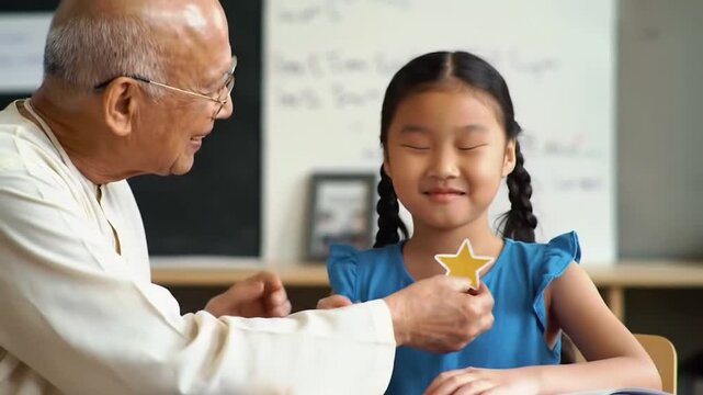 Grandpa gives a star sticker to a child in the classroom, as recognition for a job well done; a whiteboard is in the background