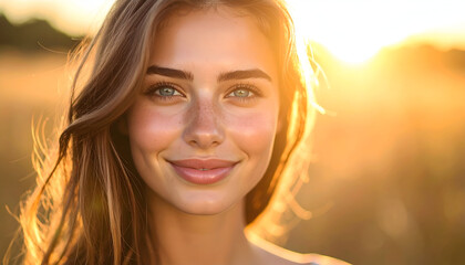 Woman smiling sunset field portrait.