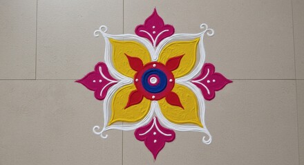 Colorful Indian Kolam Rangoli Design with Geometric Floral Symmetry – Top-Down View, Vibrant Red, Yellow, Green, and Blue Powder Pattern on Clean Floor, Festive Decorative Art, High-Detail Illustratio