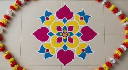 Colorful Indian Kolam Rangoli Design with Geometric Floral Symmetry – Top-Down View, Vibrant Red, Yellow, Green, and Blue Powder Pattern on Clean Floor, Festive Decorative Art, High-Detail Illustratio