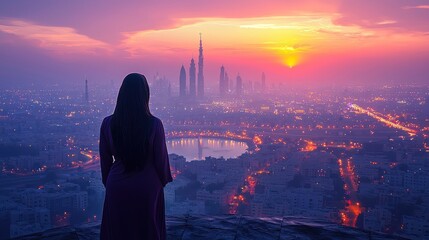 Fototapeta na wymiar Serene Sunrise Over Cityscape: A Woman's Contemplation